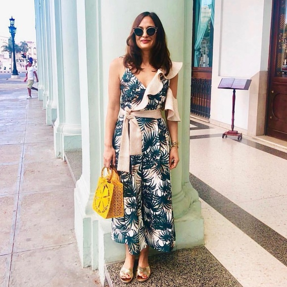 PatBO Palm Jumpsuit (Sz 2) Asymmetric Ruffle Wide Leg Crop Green & White - Picture 4 of 16